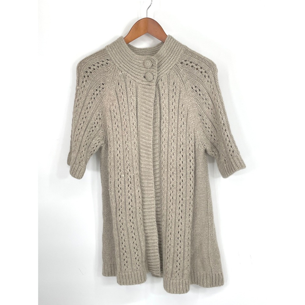 Chicos Womens Cardigan 2 M/L Sweater Beige Wool Blend Short Sleeve Mohair Wool